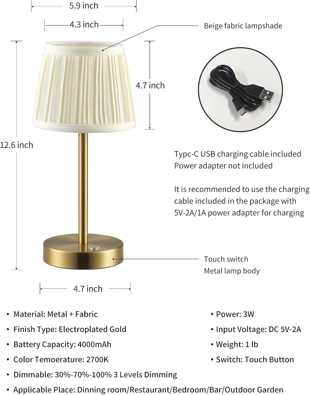 PUSU 2 Pack Cordless Gold Table Lamps, Fabric Shade Bedside Small Lamp