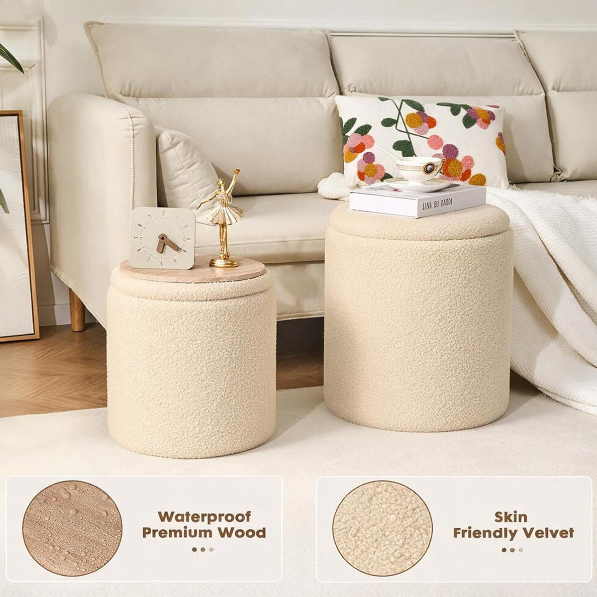 YYW HOME Round Storage Ottoman for Living Room, Beige Ottoman Set of 2
