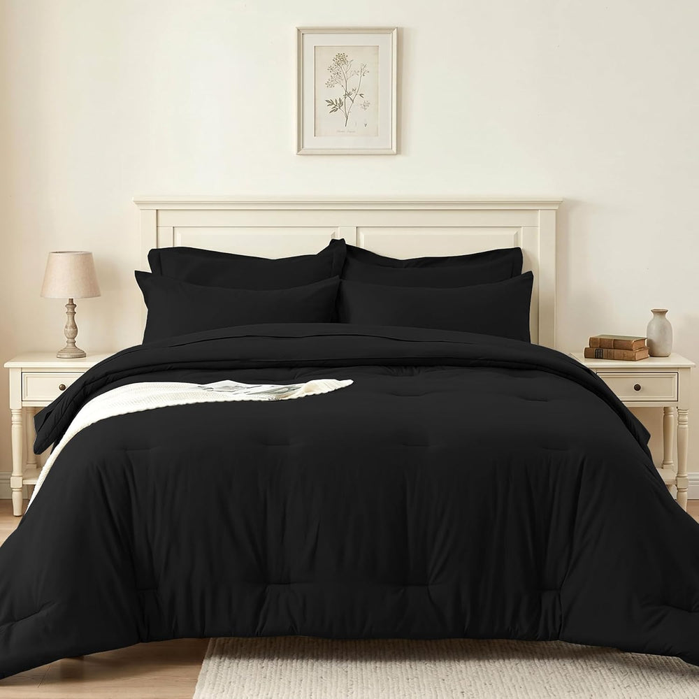Queen Comforter Set 7 Piece with Lightweight Comforter, Black