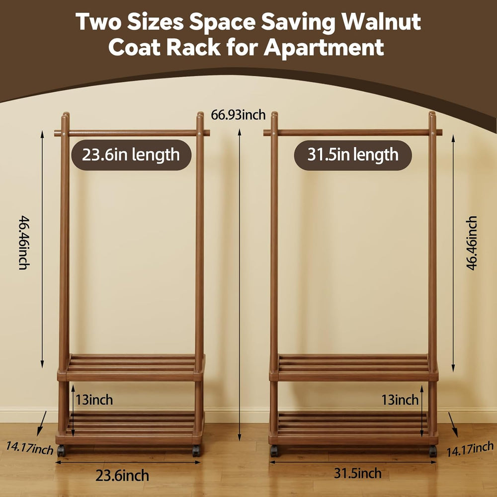 Solid Wood Clothing Rack with Wheels, Garment Rack Shelves, 31.5"W WALNUT