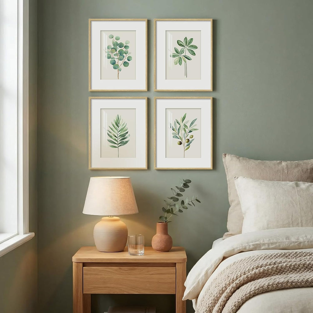 Framed Minimalist Sage Green Botanical Kitchen Wall art, 4 Piece 8x10 In