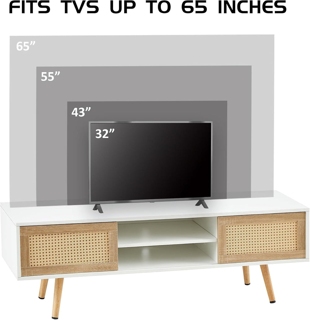 Meihua 55.12" Rattan TV Stand with Sliding Doors, Adjustable Shelves, So...