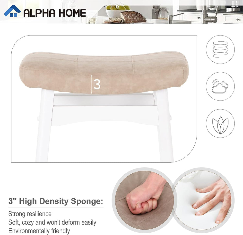 ALPHA HOME 24 Inch Bar Stools Set of 2, Solid Wood Saddle Kitchen Stools
