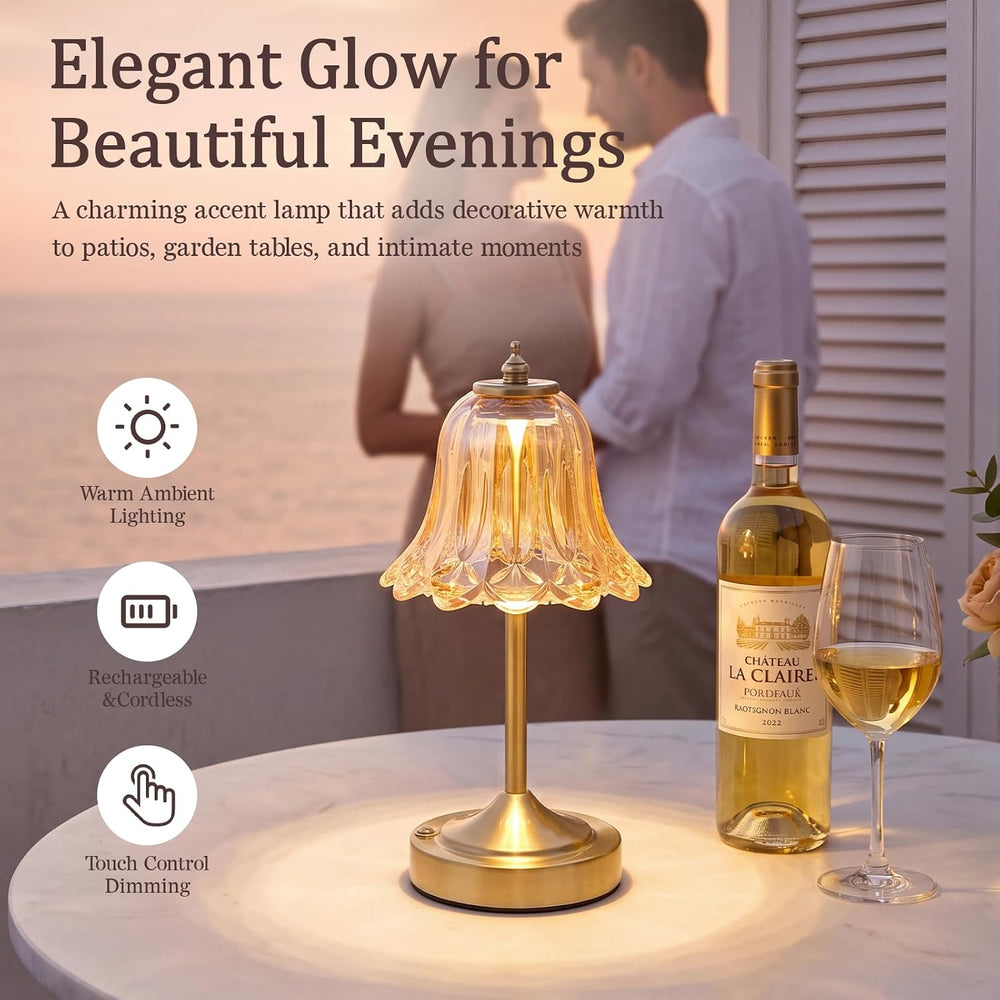 Cordless Table Lamp, Rechargeable Amber Glass Tulip Flower Touch Lamp