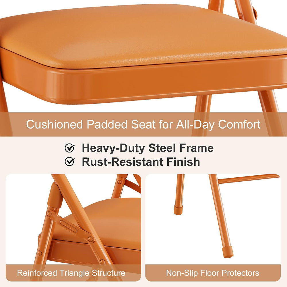 VECELO Folding Chairs Set of 2, Faux Leather Padded, Orange