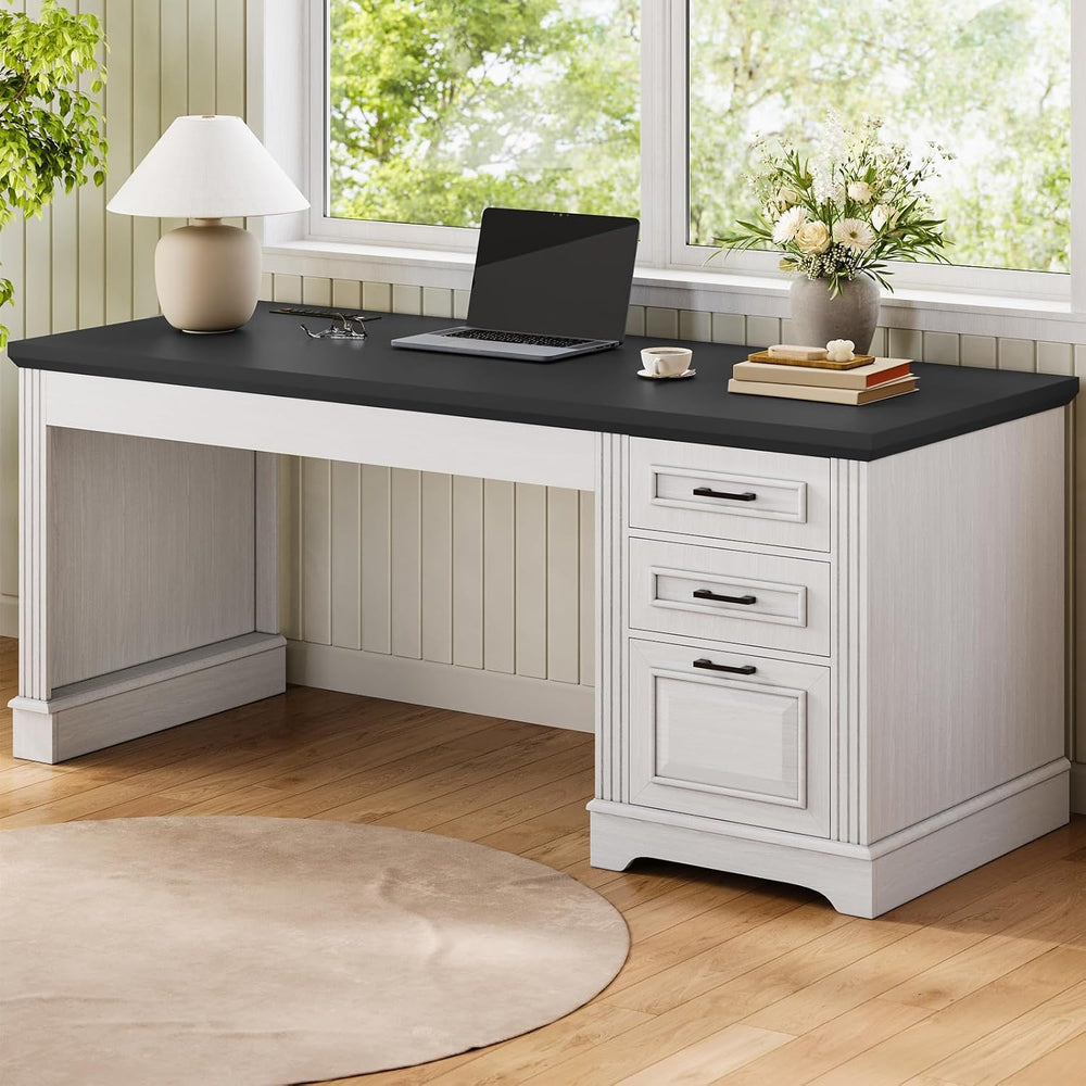 Itaar Farmhouse 55" Executive Desk, Computer Desk with Storage Drawers a...