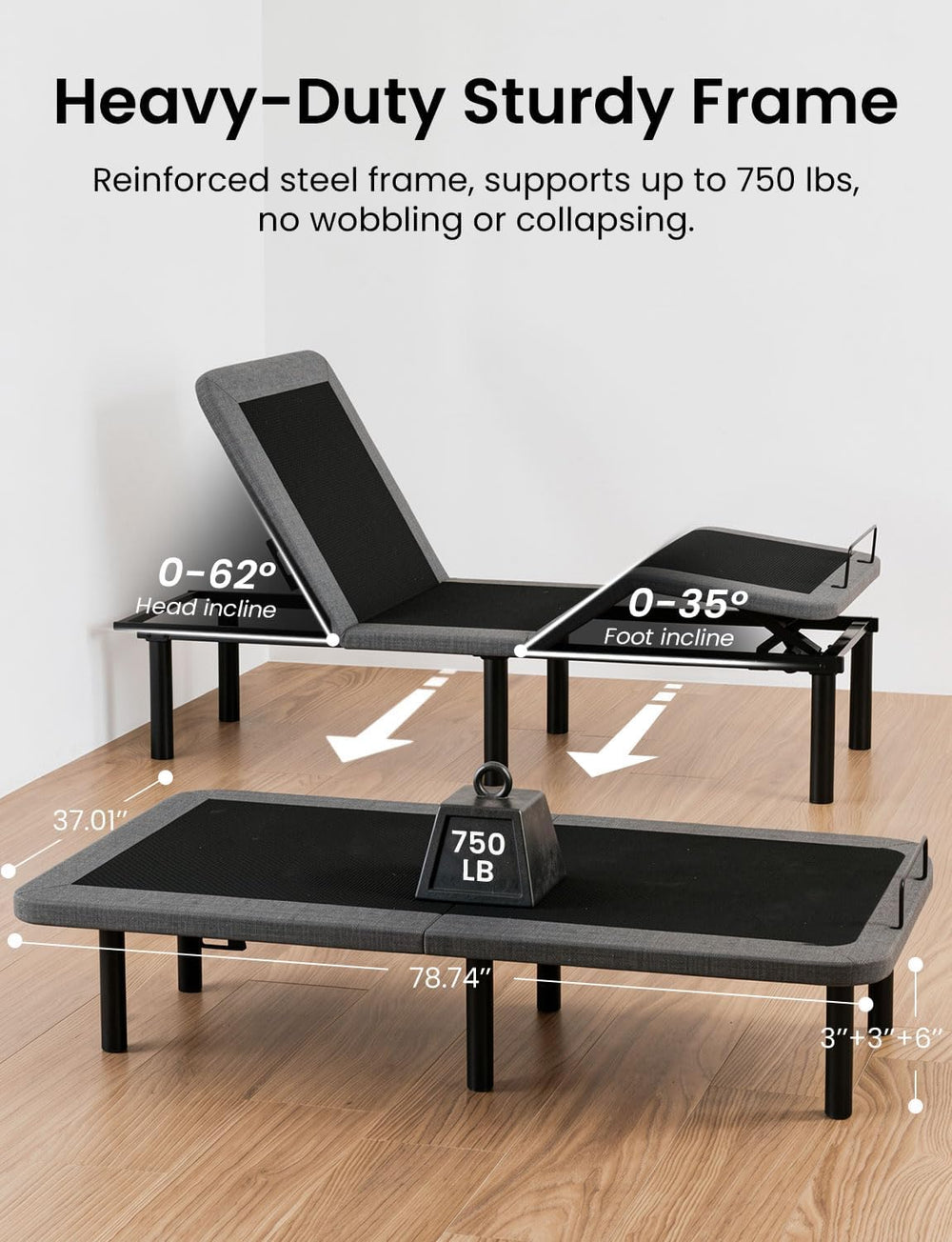 Twin XL Adjustable Bed Frame with Massage,Dual Motors Electric Bed Base