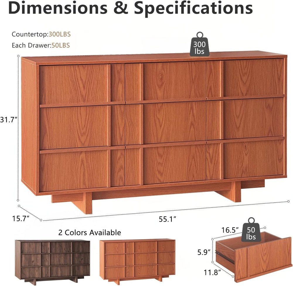 9 Drawer Dresser and Nightstand Set 3 Piece, Mid Century Modern Dresser and N...