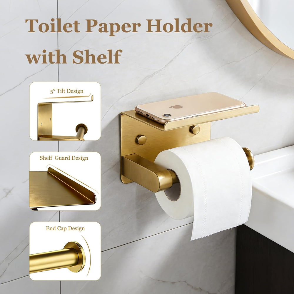 5-Pieces Wall Mount Bathroom Hardware Set,22in Brushed Gold Towel Bar Set