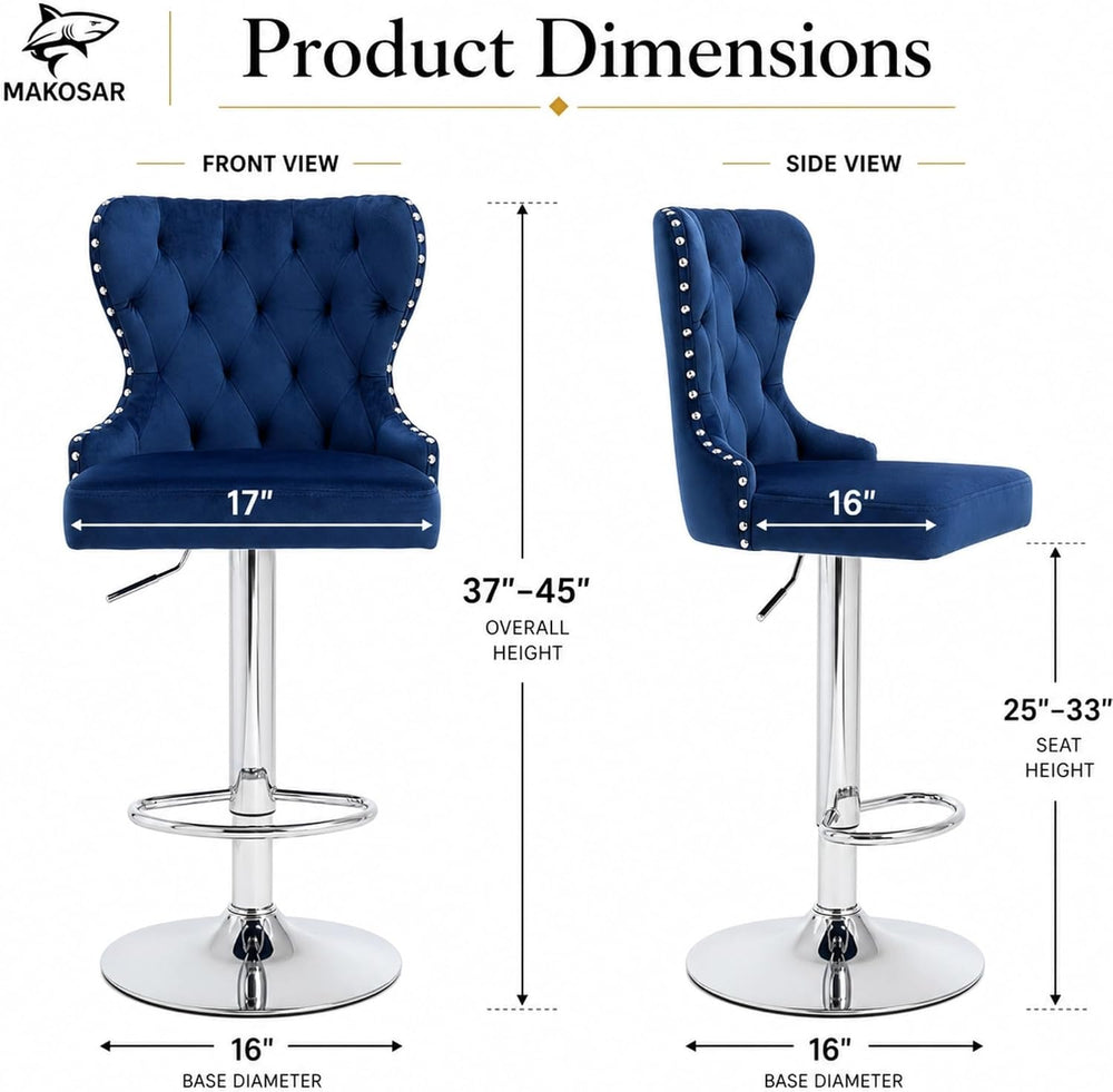 Set of 2 Adjustable Swivel Bar Stools, Velvet Upholstered Counter Height Chai...