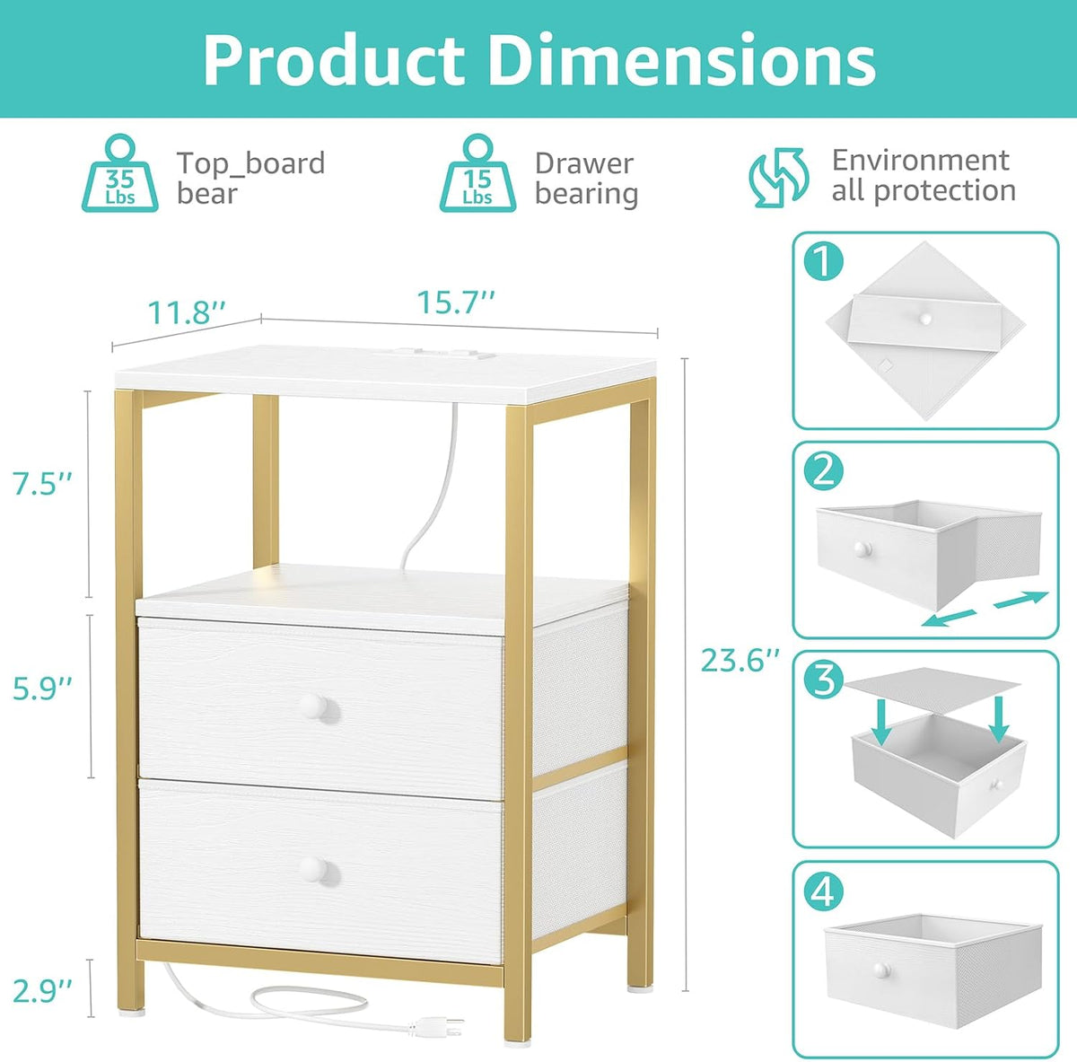 BOLUO Gold Nightstand with Charging Station, LED Night Stand with 2 Fabric Drawers, Bedside Table with USB Ports and Outlets, Nightstand for Bedroom Modern