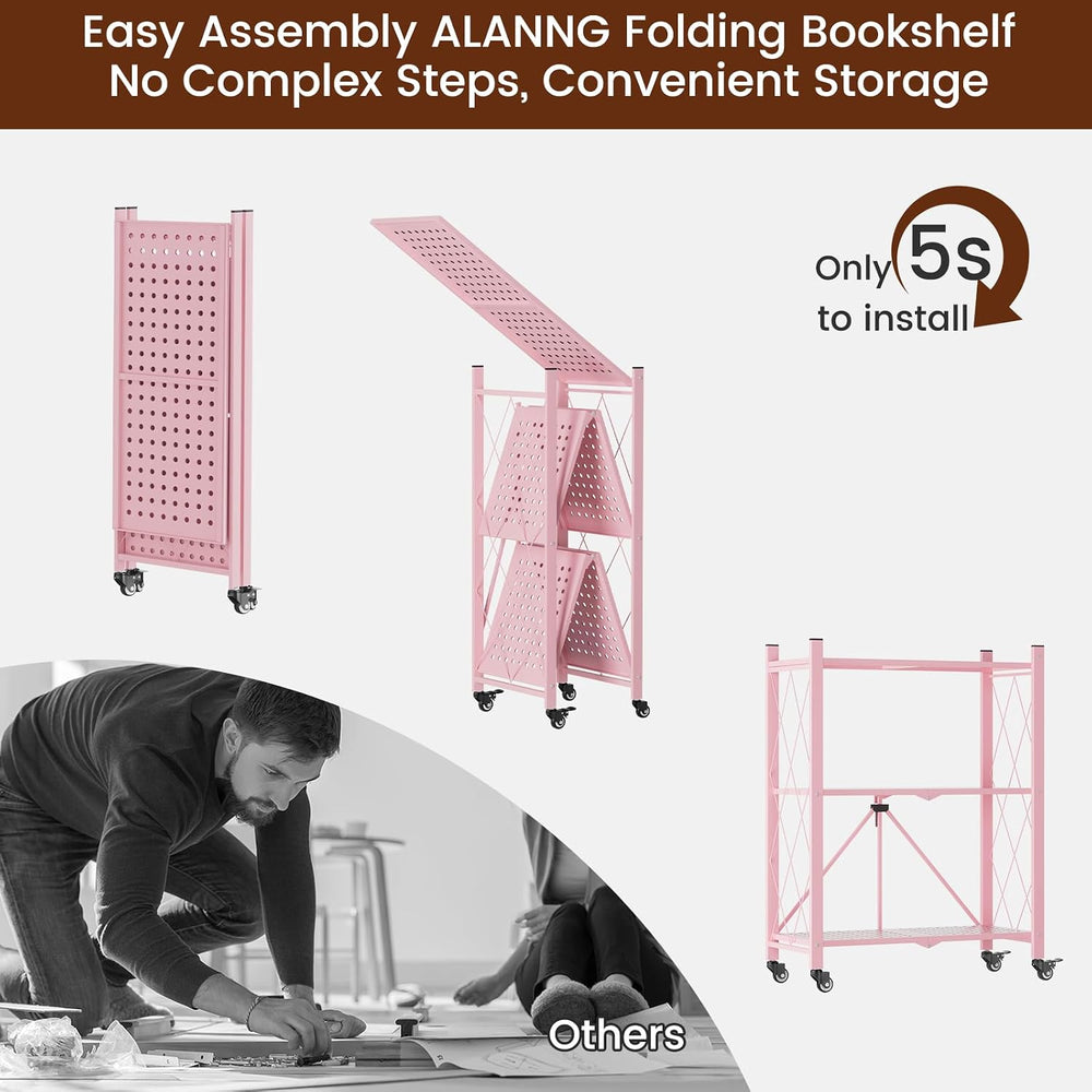 ALANNG 3 Tier Folding Shelf on Wheels, Heavy Duty Rolling Storage Cart