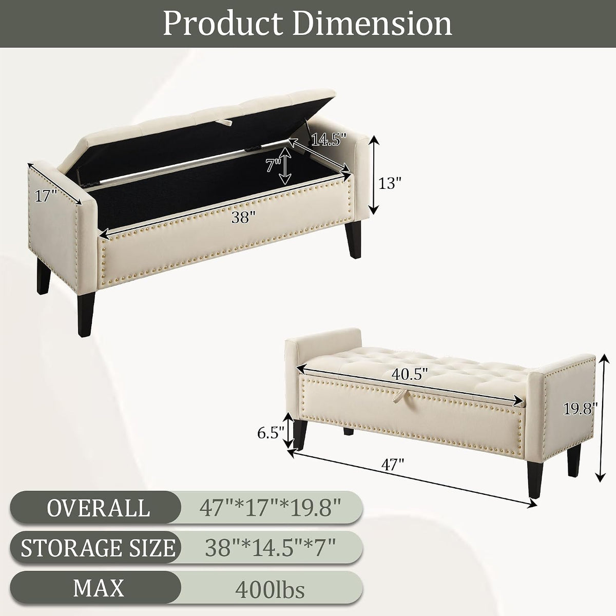 47in Velvet Storage Ottoman Bench with Arms, Upholstered Storage Bench with Wooden Legs, Storage Bench for Bedroom, Living Room, Beige