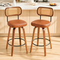 Rattan Bar Stools Set of 2,Upholstered PU Leather, 30''Counter Height Barstools with Back and Wood Legs,360°Swivel,Mid-Century Modern Bar Stool for kitchen Island Dining Room and Bar(Vintage Brown)