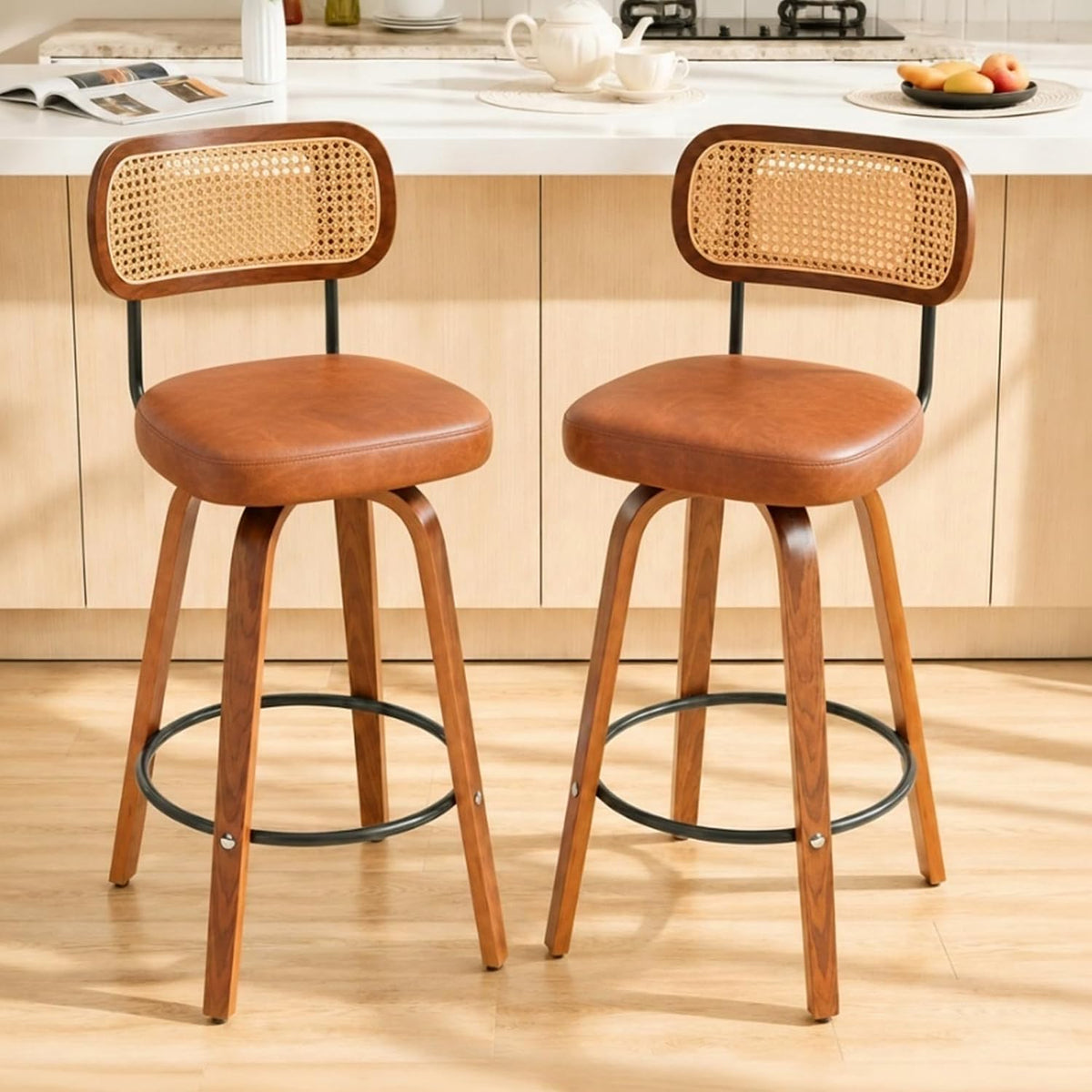 Rattan Bar Stools Set of 2,Upholstered PU Leather, 30''Counter Height Barstools with Back and Wood Legs,360°Swivel,Mid-Century Modern Bar Stool for kitchen Island Dining Room and Bar(Vintage Brown)