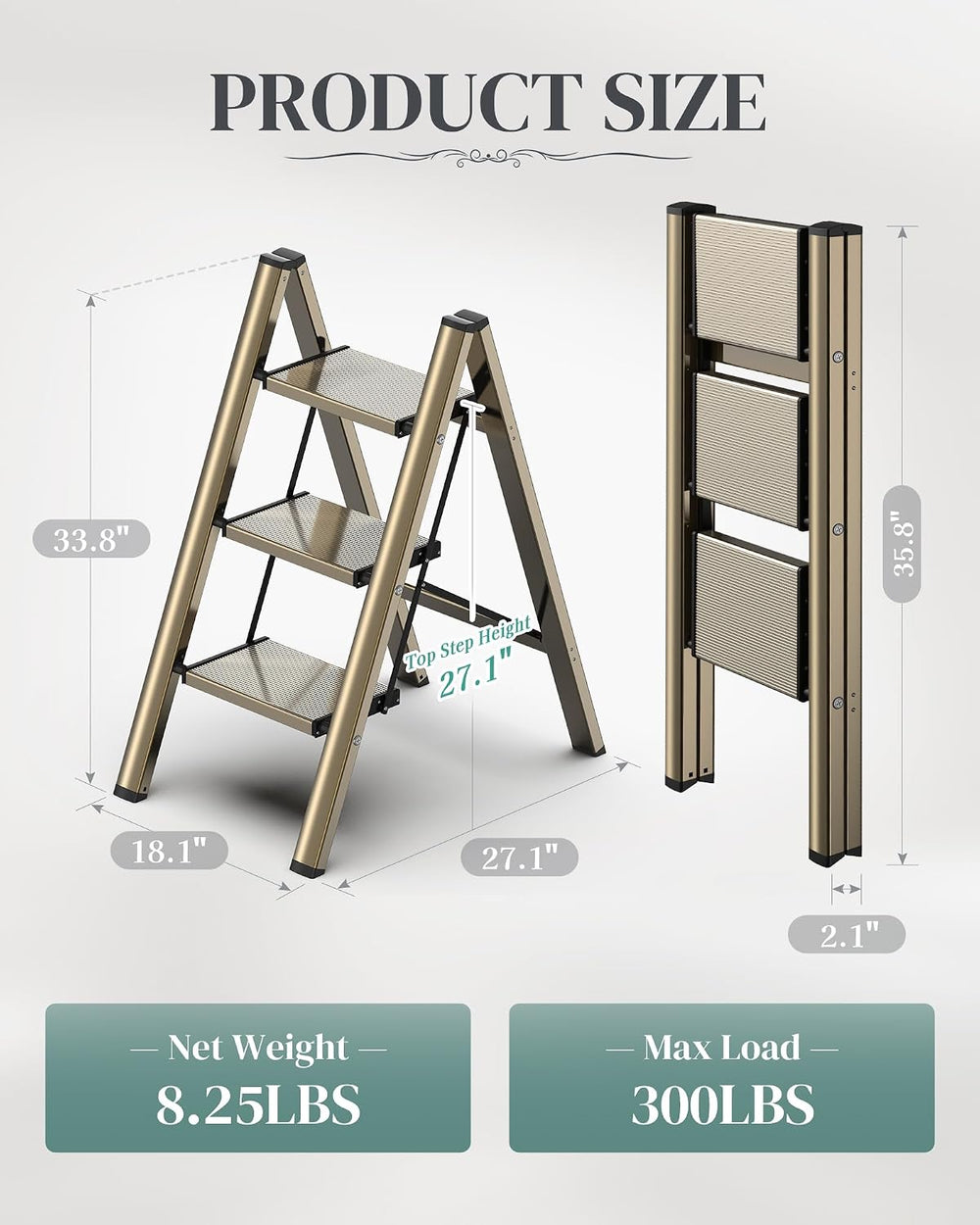 3 Step Ladder, Foldable Aluminum Step Stool with Anti-Slip Pedal