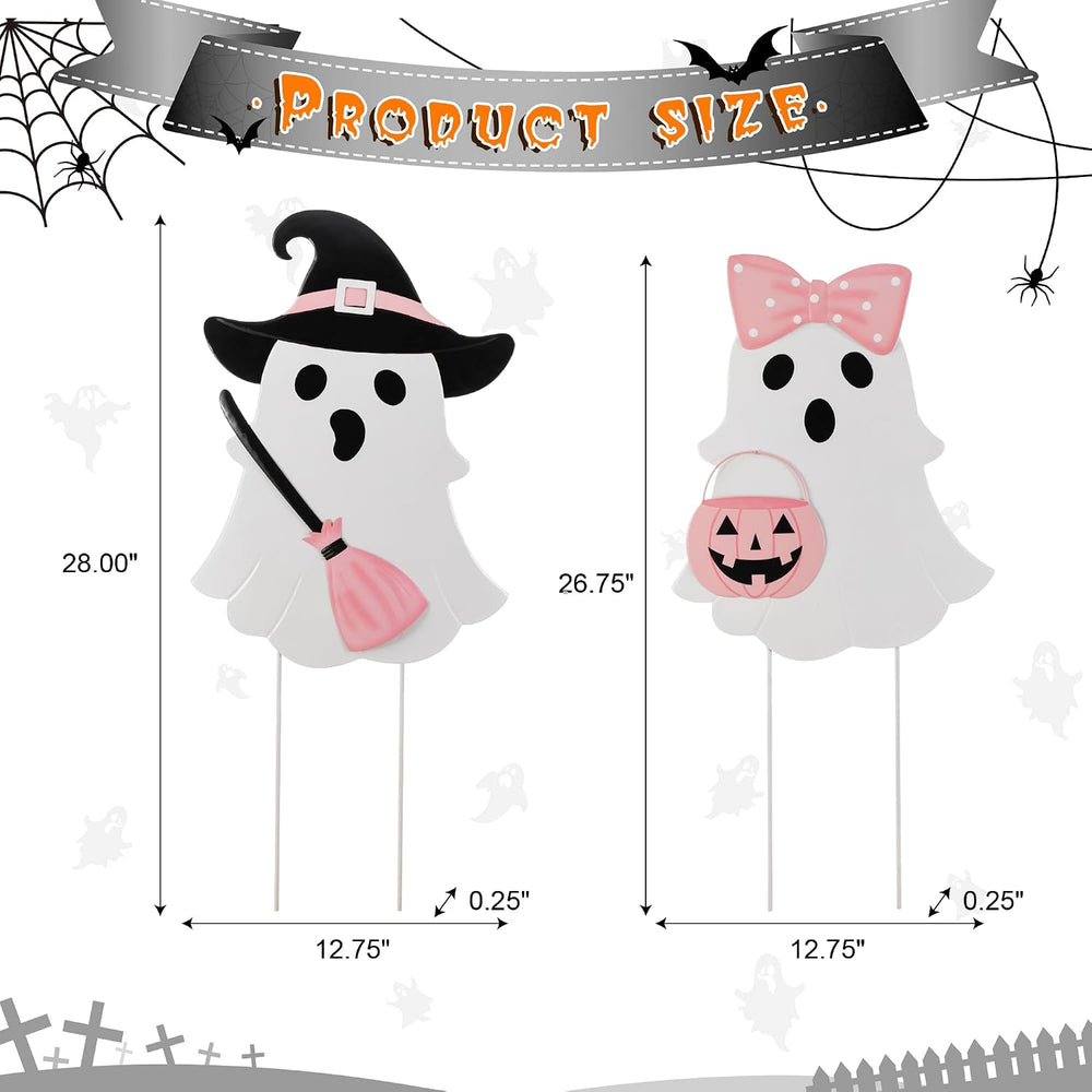 Glitzhome Halloween Ghost Yard Sign Set of 2, Cute Outdoor Ghost with Witch B...