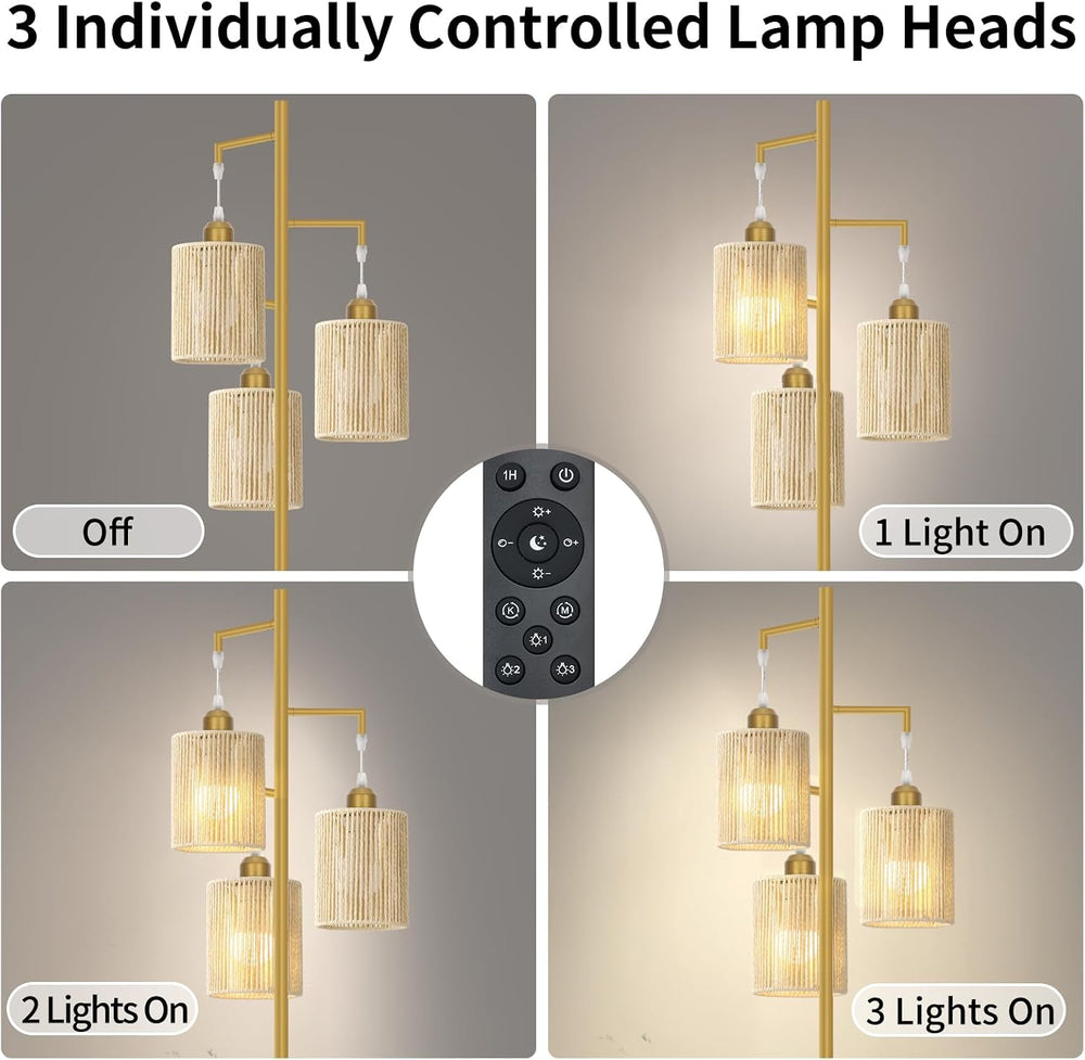 Hotsonic 72" Remote Boho Rattan Tree Floor Lamp, Tall Dimmable Industria...