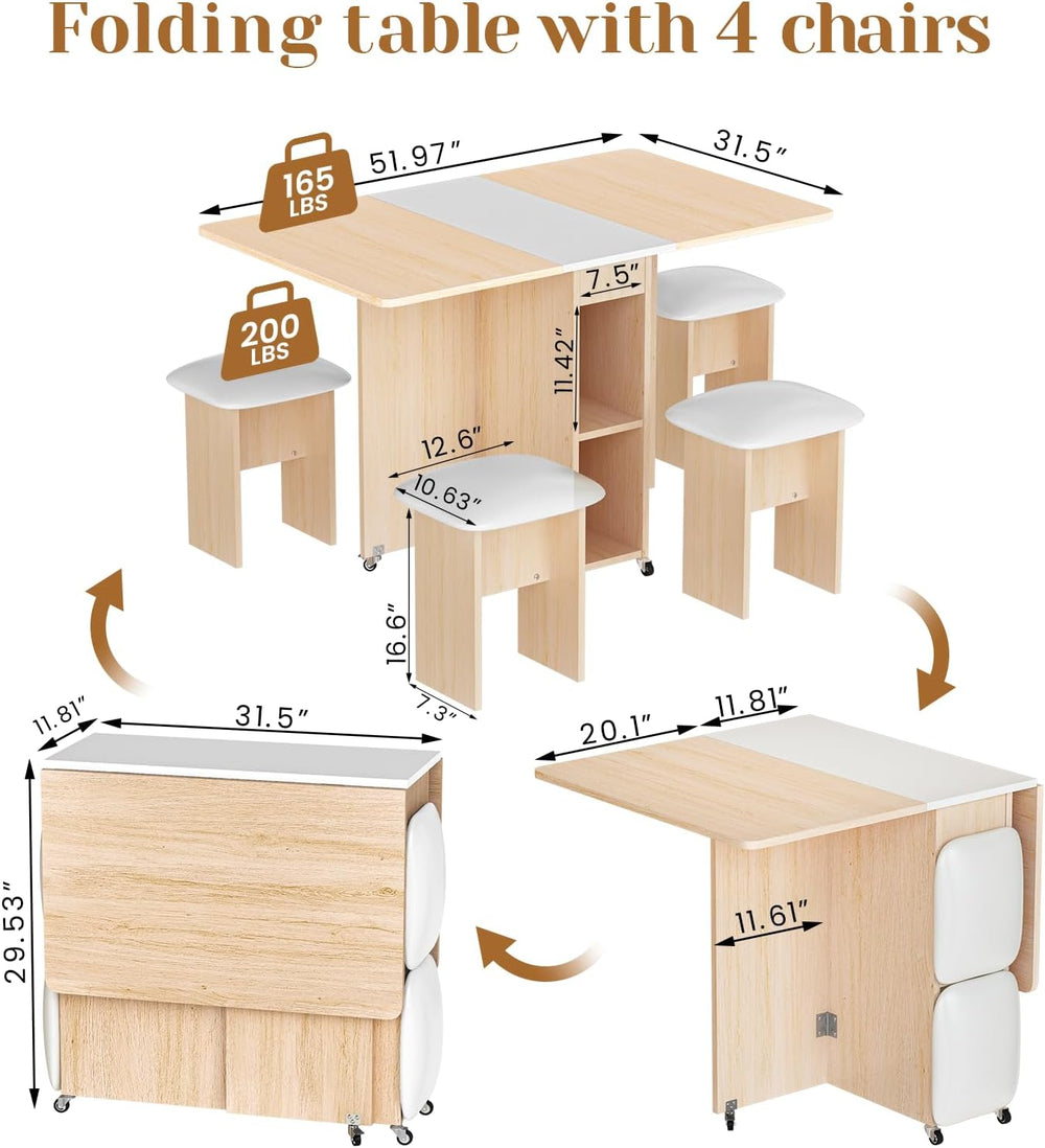 AWQM Folding Dining Table Set, Storage Folding Table & Chair, Beige White