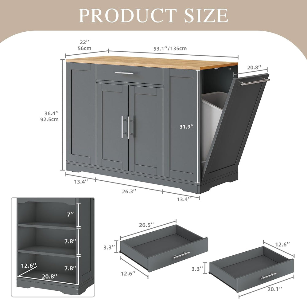 DWVO Large Kitchen Island with Trash Can Cabinet