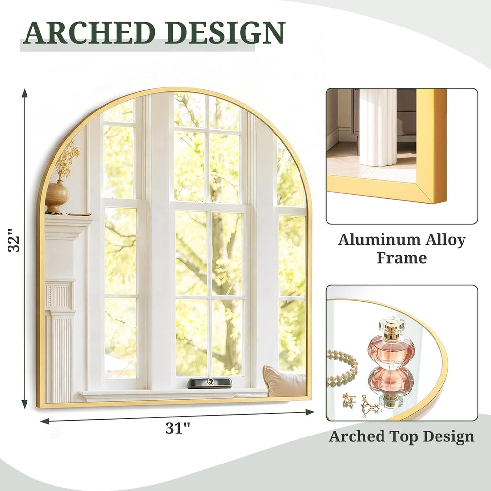 Arched Wall Mirror 32x31 Inch Gold Bathroom Vanity Mirror with Metal Frame