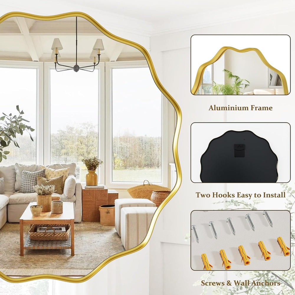 Gold Scalloped Circle Mirror, 42" Wavy Edge Round Wall Mirror