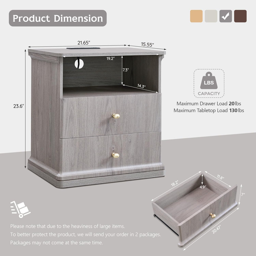 23.6" Tall Modern Nightstand Set of 2, Wood Bedside Table, Light Grey