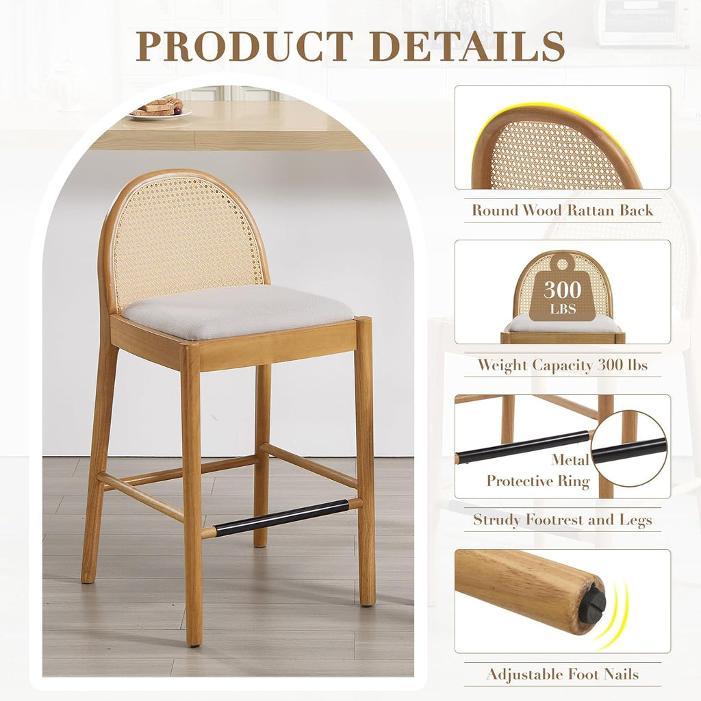 HEAH-YO Rattan Bar Stools Set of 2, 26 Inch Wood Counter Stools with Bakcrest, Linen Kitchen Stool for Island, Beige