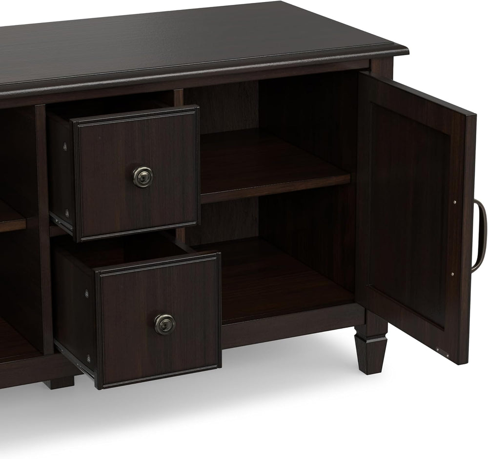 SIMPLIHOME Connaught 72" Wide Solid Wood TV Stand in Dark Chestnut Brown