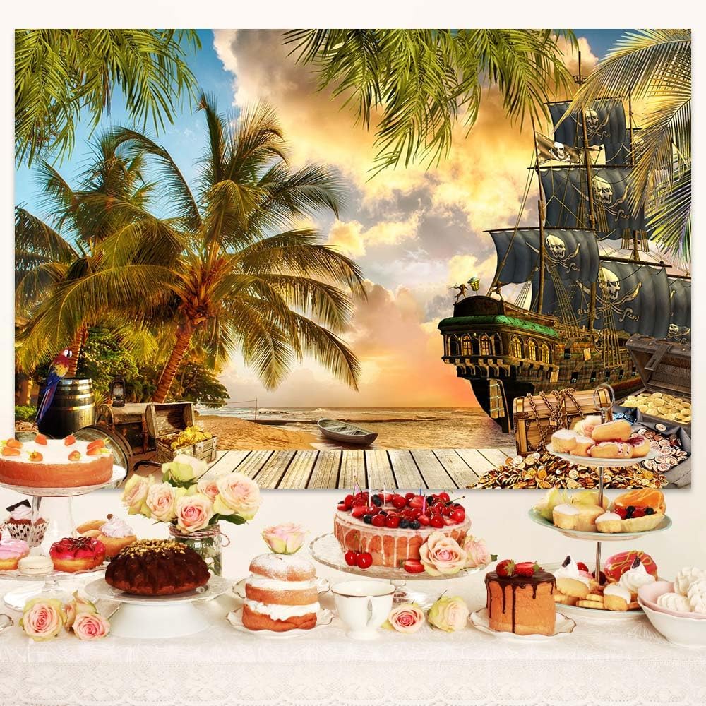 10X8ft Pirate Theme Photo Backdrop Photography Background, Pirate Ship Treasure Chest Map Gun Halloween Trunk or Treat Backdrops Photo Booth Prop Decorations Wall Decor Tablecloth