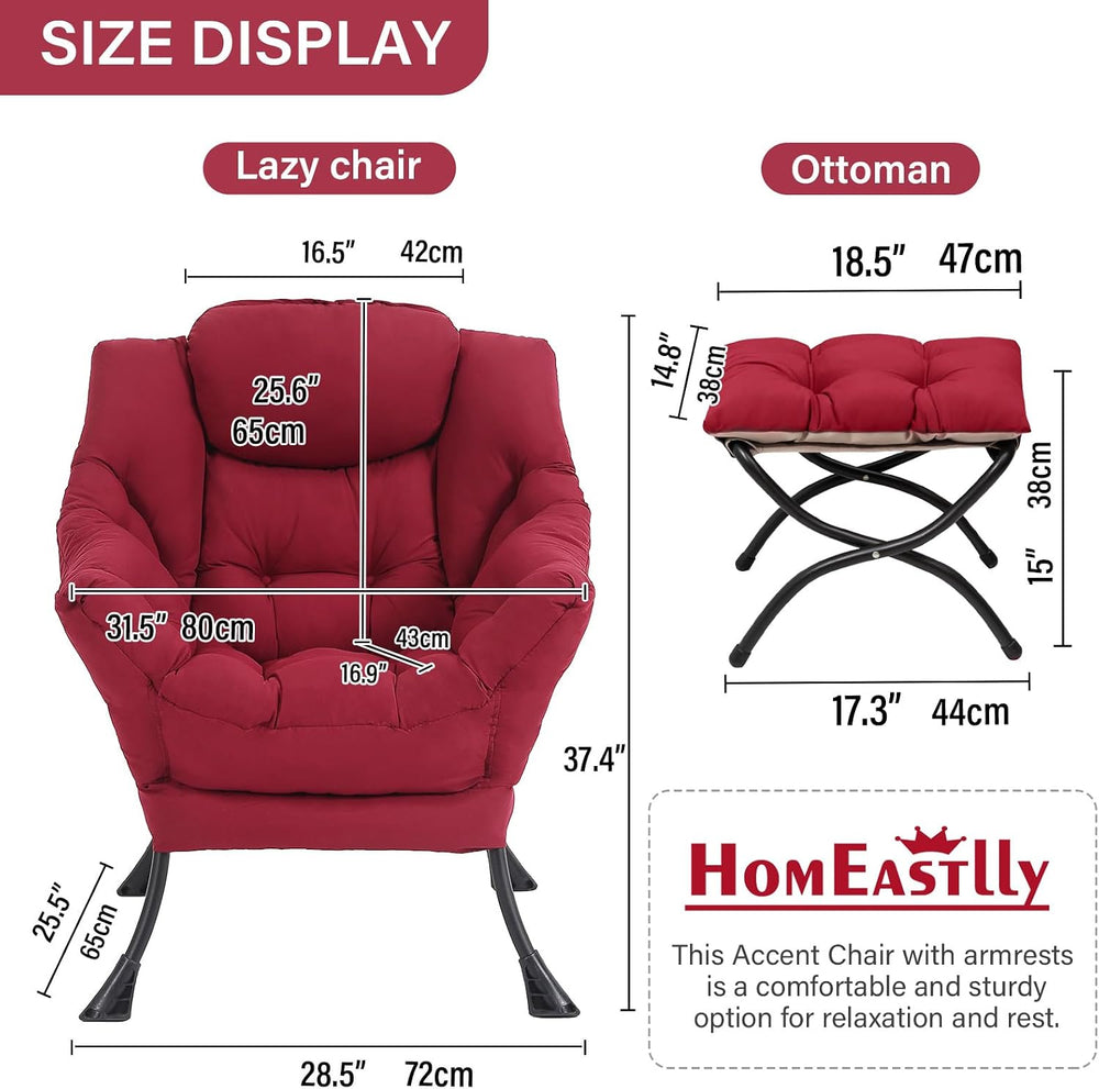 Lazy Chair with Ottoman, Soft Comfy Chair for Bedroom, Burgundy