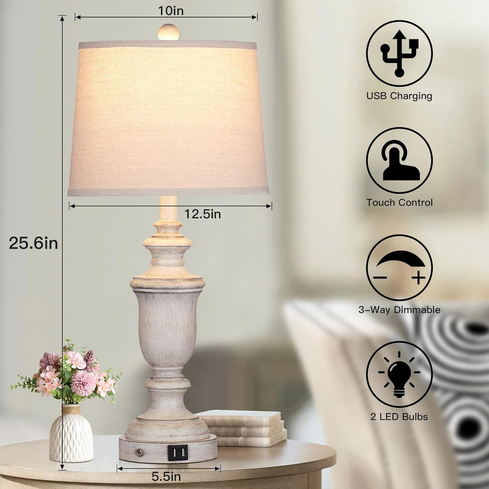 Cinkeda Farmhouse Table Lamps Set of 2 with USB Charging Port for Rustic Livi...