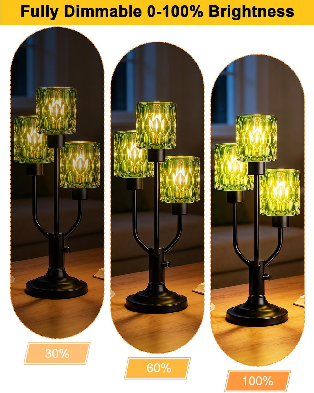 Mid Century Modern Green Glass Table Lamp Dimmable 3 Bulbs Included