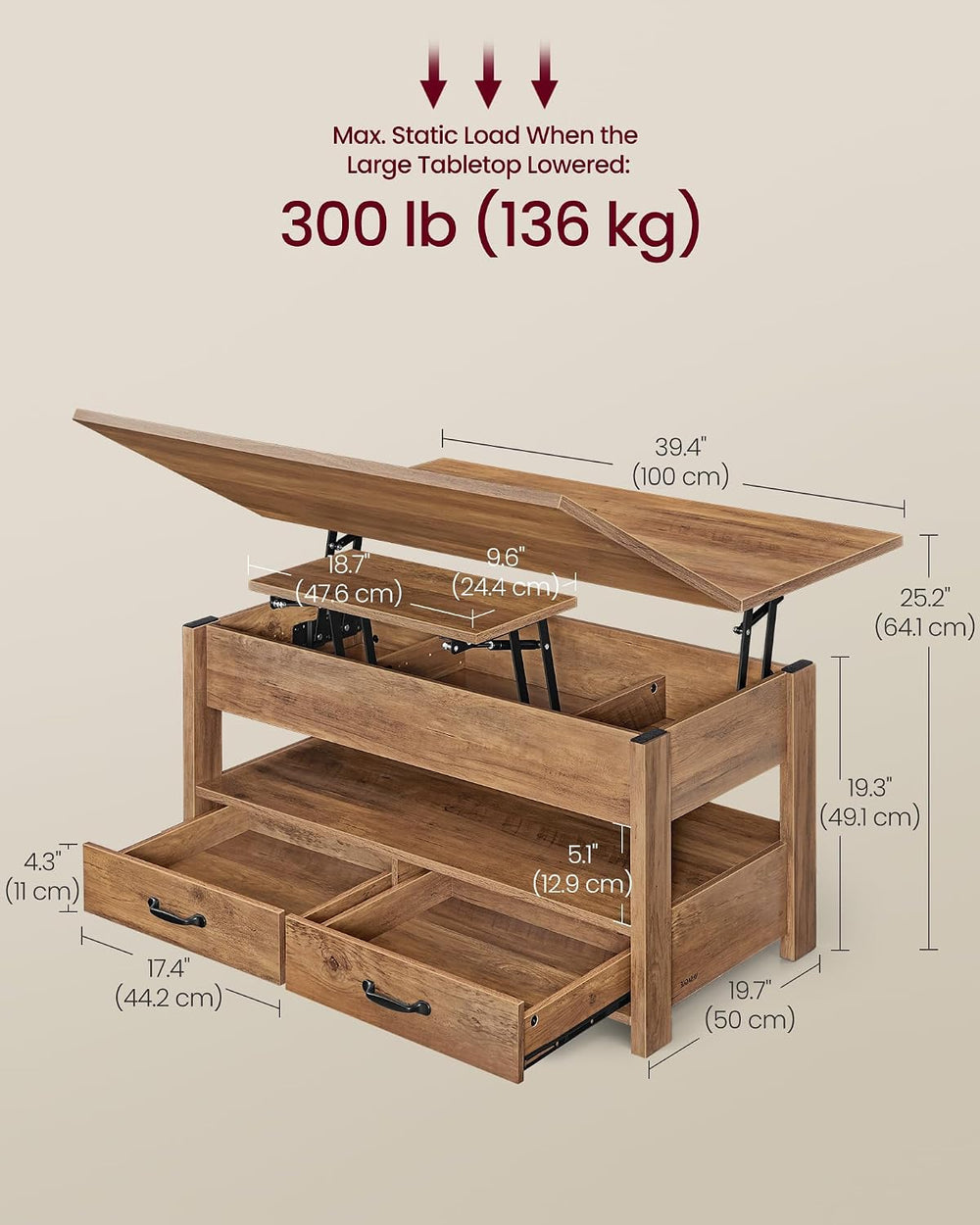 VASAGLE Lift Top Coffee Table, 3 in 1 Center Table with Storage, 2 Drawers