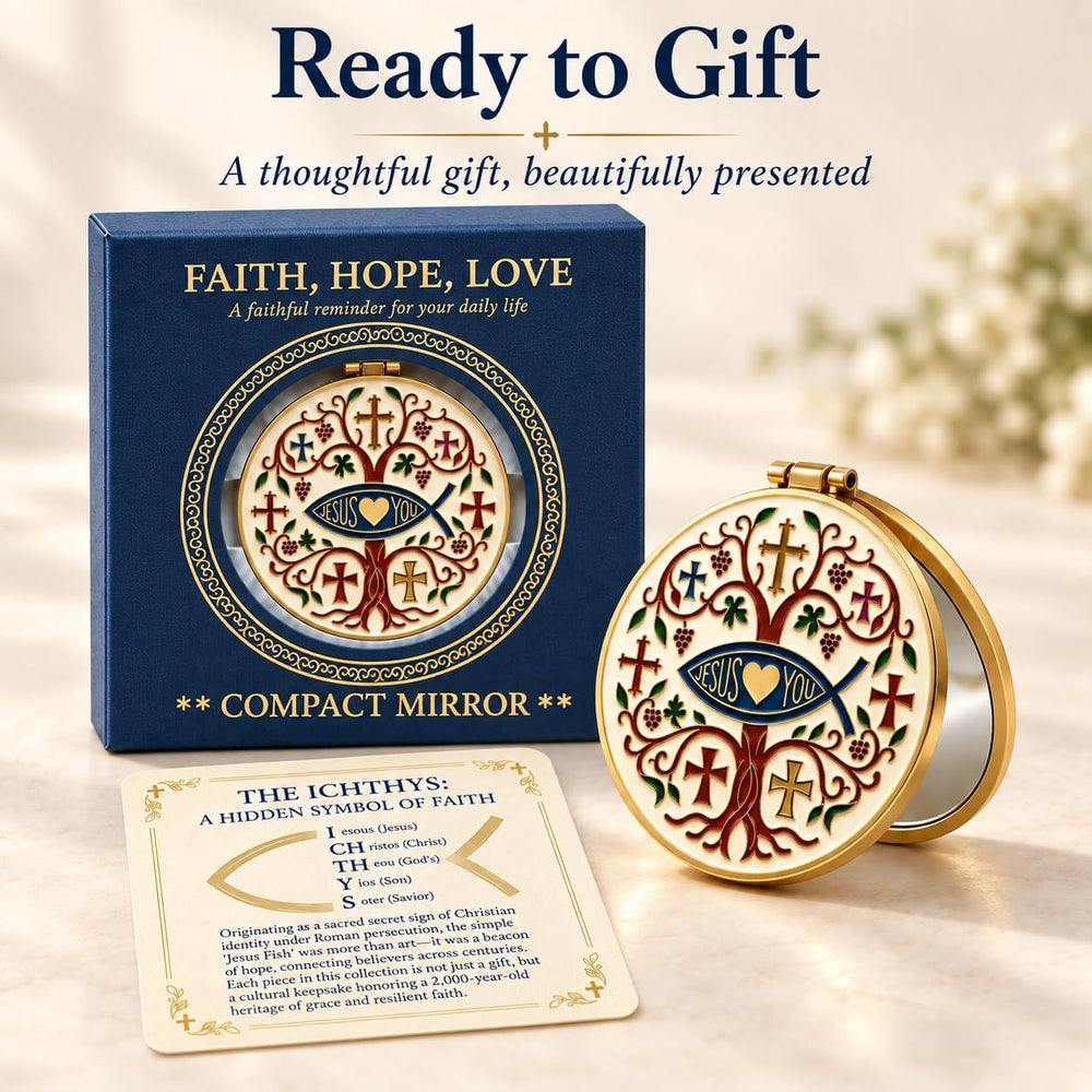 Christian Compact Mirror, 1X/2X Magnification, Gold-Tone, Gift Box & Card