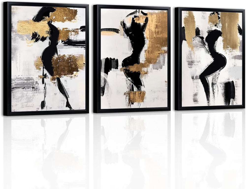 LevvArts Black and Gold Bathroom Decor Abstract Women Wall Art Set of 3 Black...