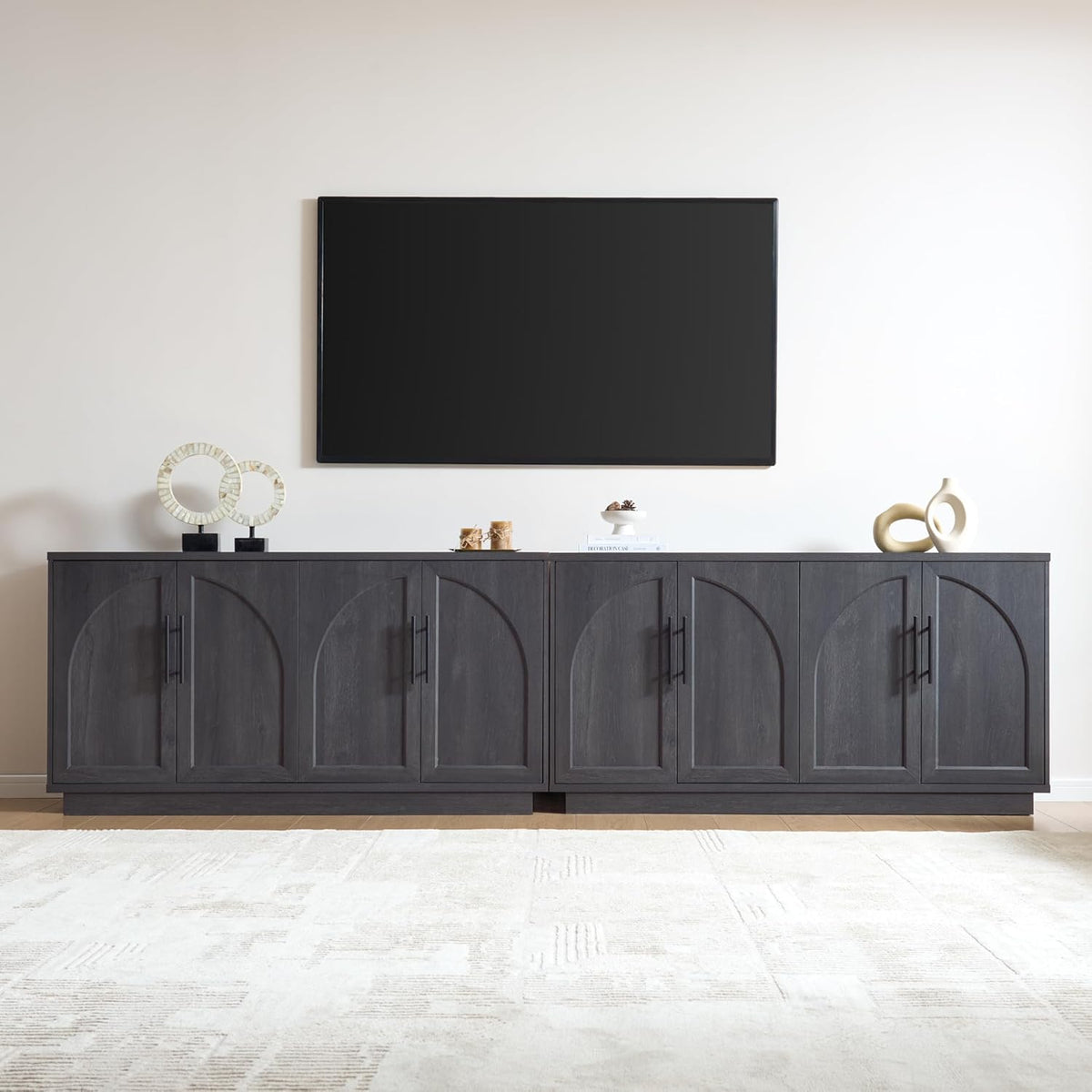 Fatmok Buffet Cabinet with Storage, 59'' Modern Arched Sideboard Cabinet w/Adjustable Shelves, Wood Media TV Console Table Credenza for Living Room Hallway Entryway, Black Grey