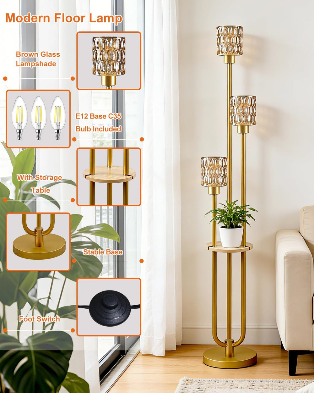 62IN Gold Floor Lamp with Amber Glass Shade 3-Lights Mid-Century Modern Farmh...