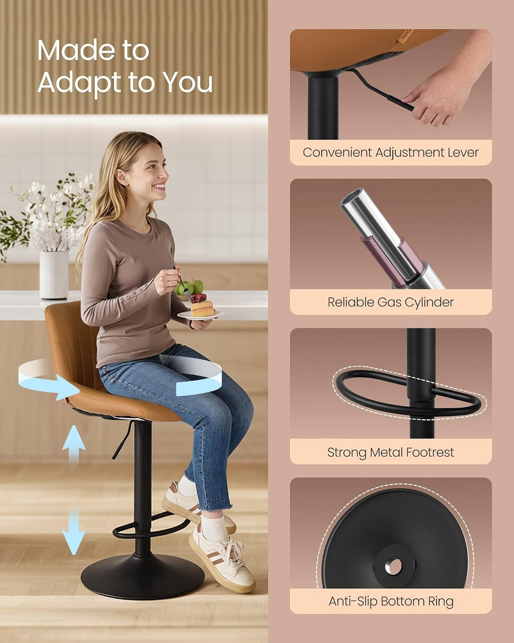 VASAGLE Bar Stools Set of 4, Adjustable Bar Chairs with Backs, 360° Swivel