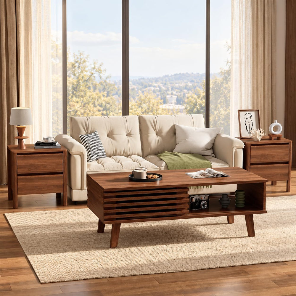 Furniway Mid Century Coffee Table Set, Living Room Table Set of 3 with Slidin...