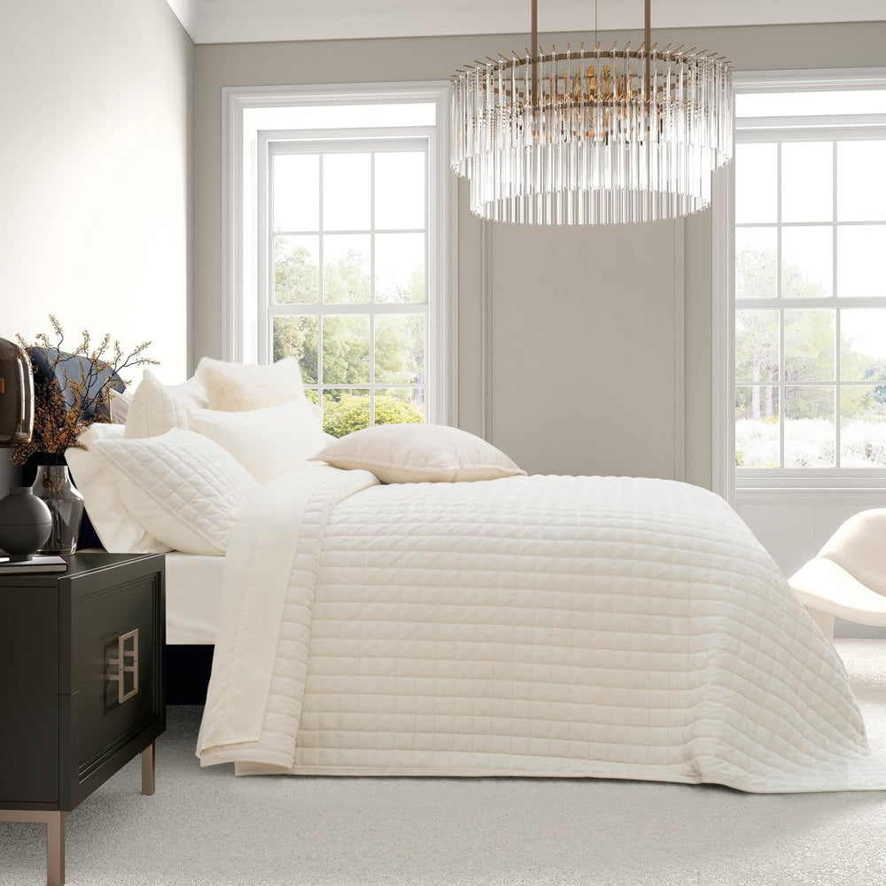 RECYCO Channel Box Stitch Velvet Quilt Set, King Size, Cream White