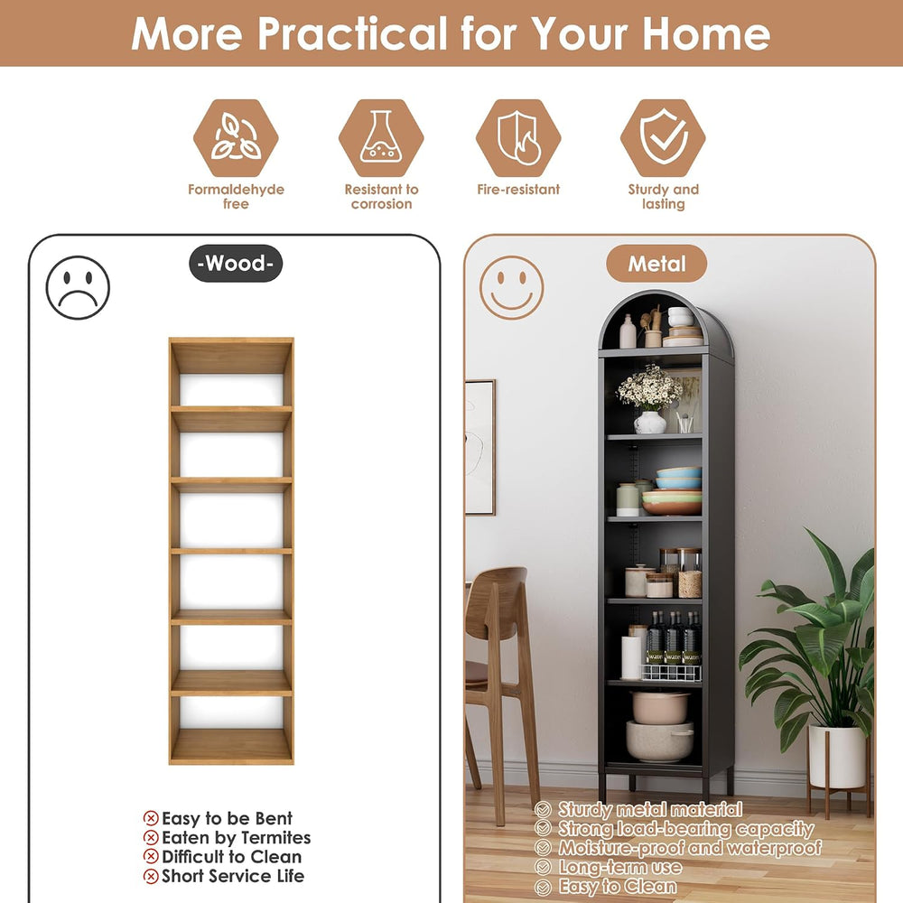 Aobabo 73-Inch Metal Arched Bookcase, Narrow Black Bookshelf