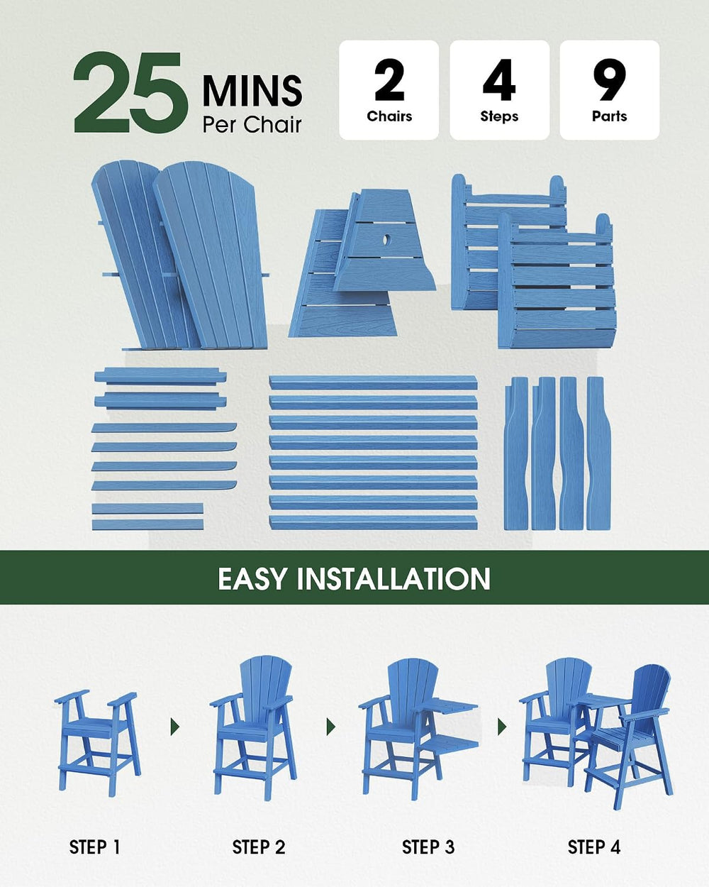 Tall Adirondack Chairs Set of 2 with Double Removable Trays, Blue