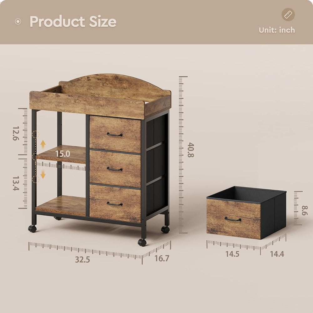 Yetom Changing Table, 3 Drawers&2 Shelves, Changing Table Dresser, Brown