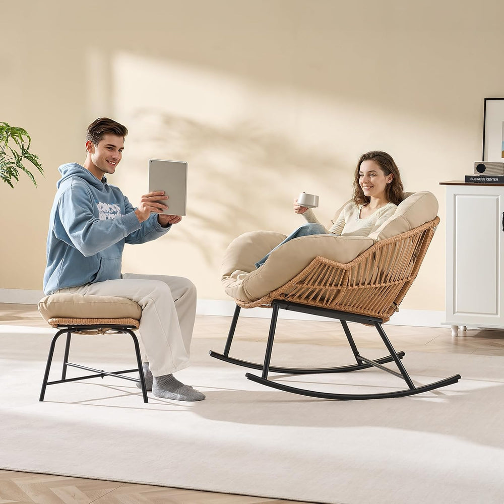 Papasan Rocking Chair with Ottoman, Oversized Papasan Chair, Beige