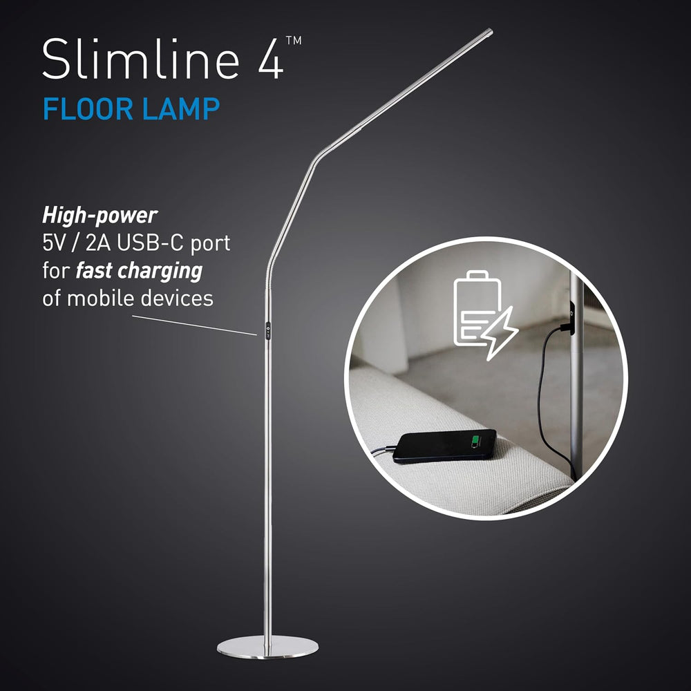 daylight Slimline 4 LED Floor Lamp, 6000K, Flexible Design, Brushed Steel