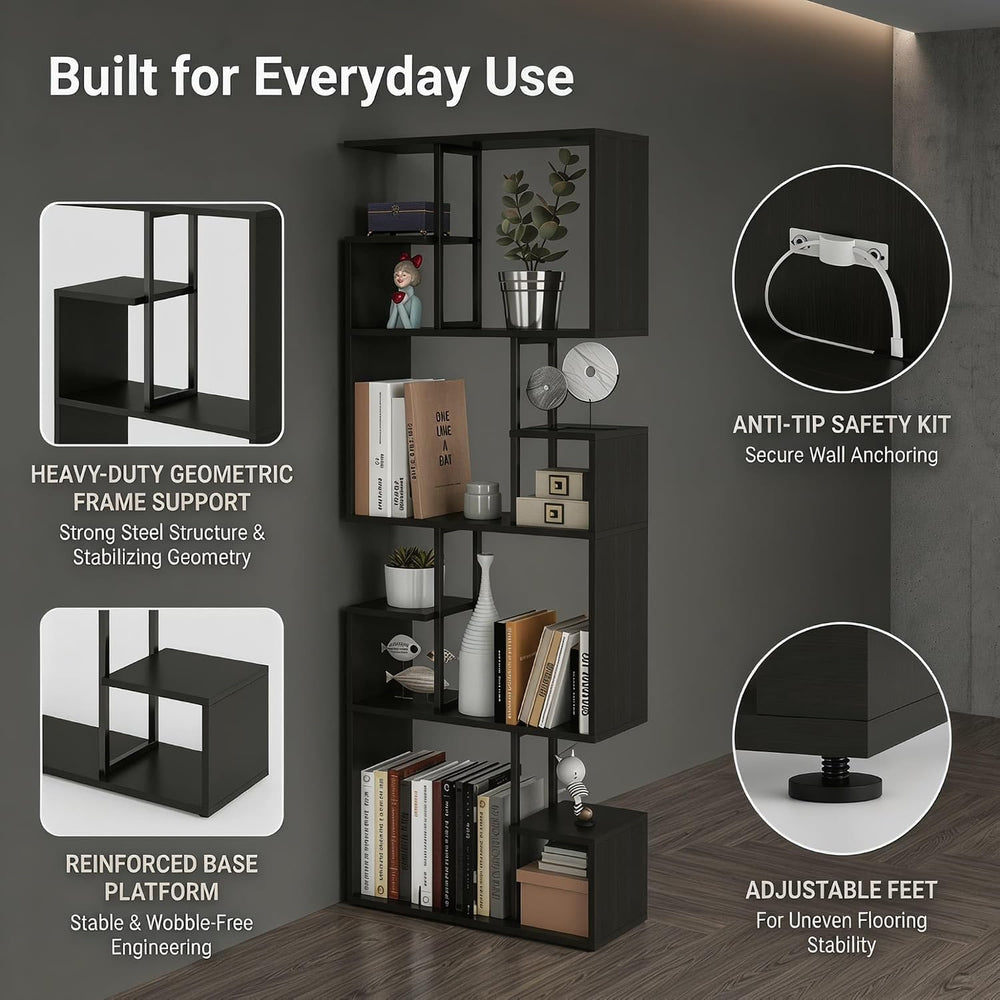 Manora Modern Geometric Bookshelf, 4-Tier Tall Bookcase with Open Display She...