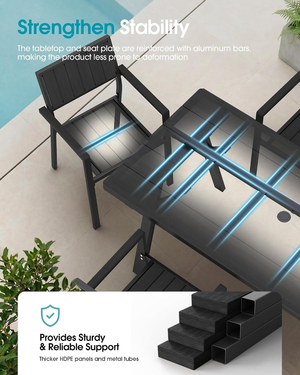 Aluminum Outdoor Dining Set of 6, Patio Table and Stackable Chairs, Black
