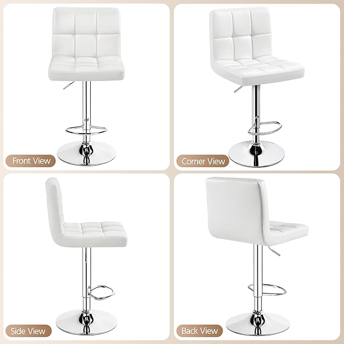 Yaheetech Single Bar Stool, PU Leather Adjustable Swivel Barstools, Armless Hydraulic Kitchen Counter Bar Stool, Kitchen Island Chairs, White