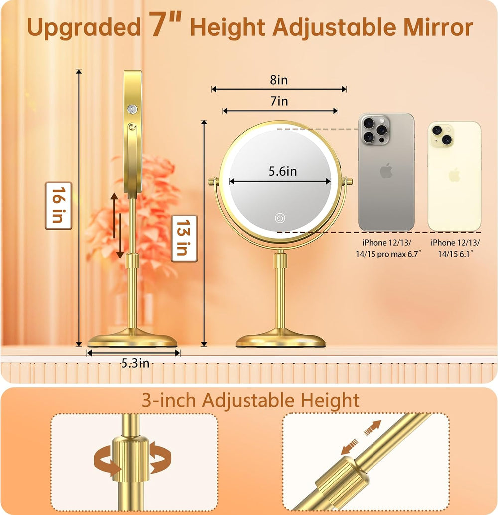 Gospire 7" Lighted Makeup Mirror, 1X/10X Magnification, Height Adjustable